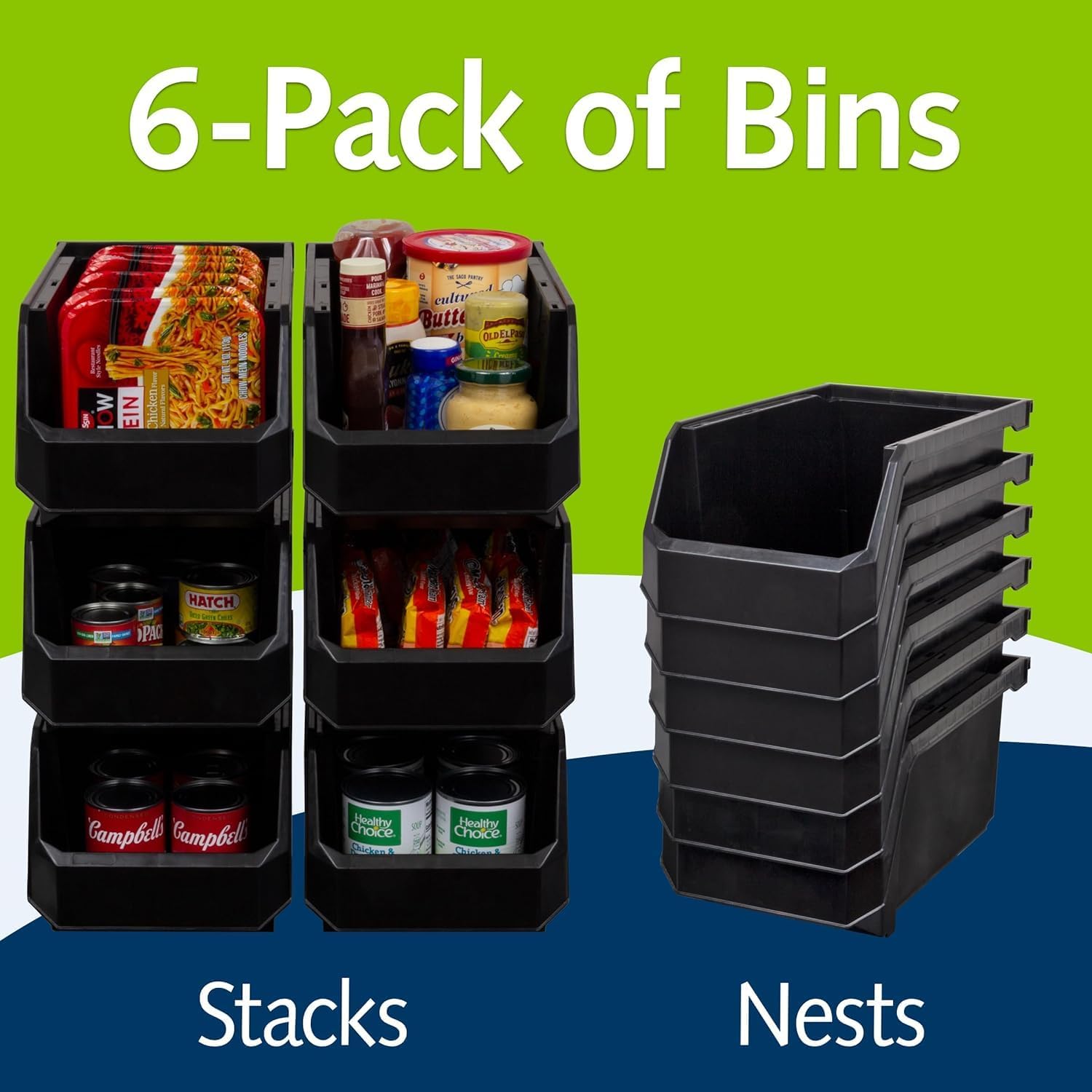 ReadySpace Large Plastic Storage Bins - Stackable Organizer Containers for Home & Office | Black, 6 Pack