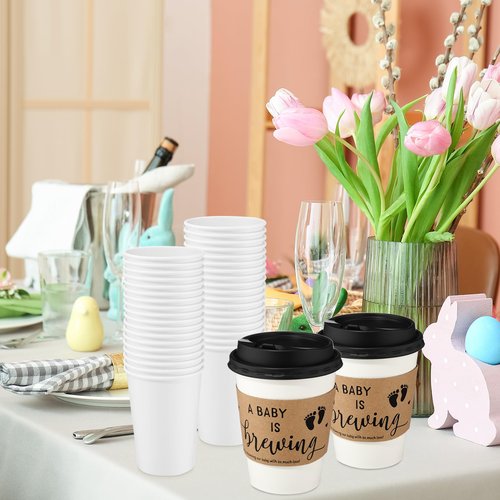Jingmore 50 Sets Baby Shower Coffee Party Favors for Guests A Babys is Brewing Coffee Cup with Lids Sleeves Disposable Paper Cup Tea Party Supplies for Hot Iced Juice or Tea (12 oz)