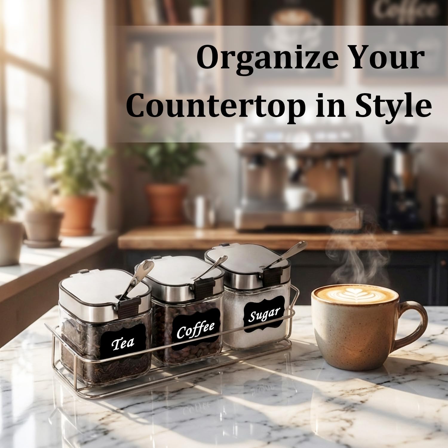 Aelga Glass Sugar Canister Set with Lid, Spoons and Rack, 3 Pack Sugar Container for Coffee Bar, Stainless Steel Flip-Top Lid, Salt and Spice Jar for Kitchen Countertop, Coffee Bar Accessories