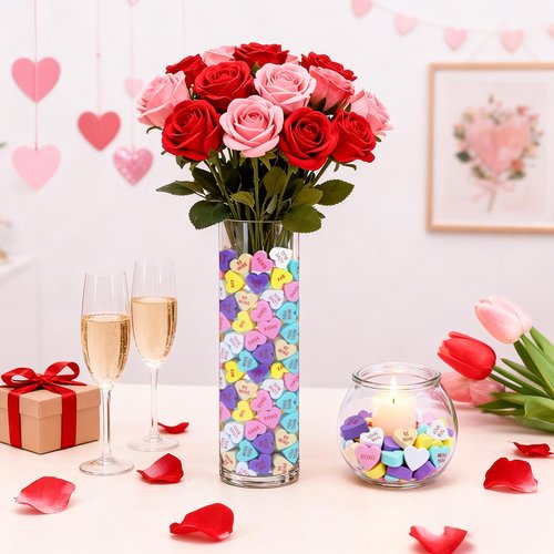 240 Pcs Foam Conversation Hearts Vase Filler, Valentine's Day Heart Ornament for Floating Candles, Wedding & Party Decor, 6 Colors & 6 Messages(Mixed Colors Heart Shaped)