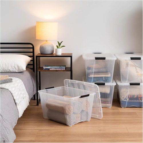 IRIS USA 54 Qt Stackable Plastic Storage Bins - BPA-Free, Durable Nestable Containers, 12 Pack - Clear with Lids