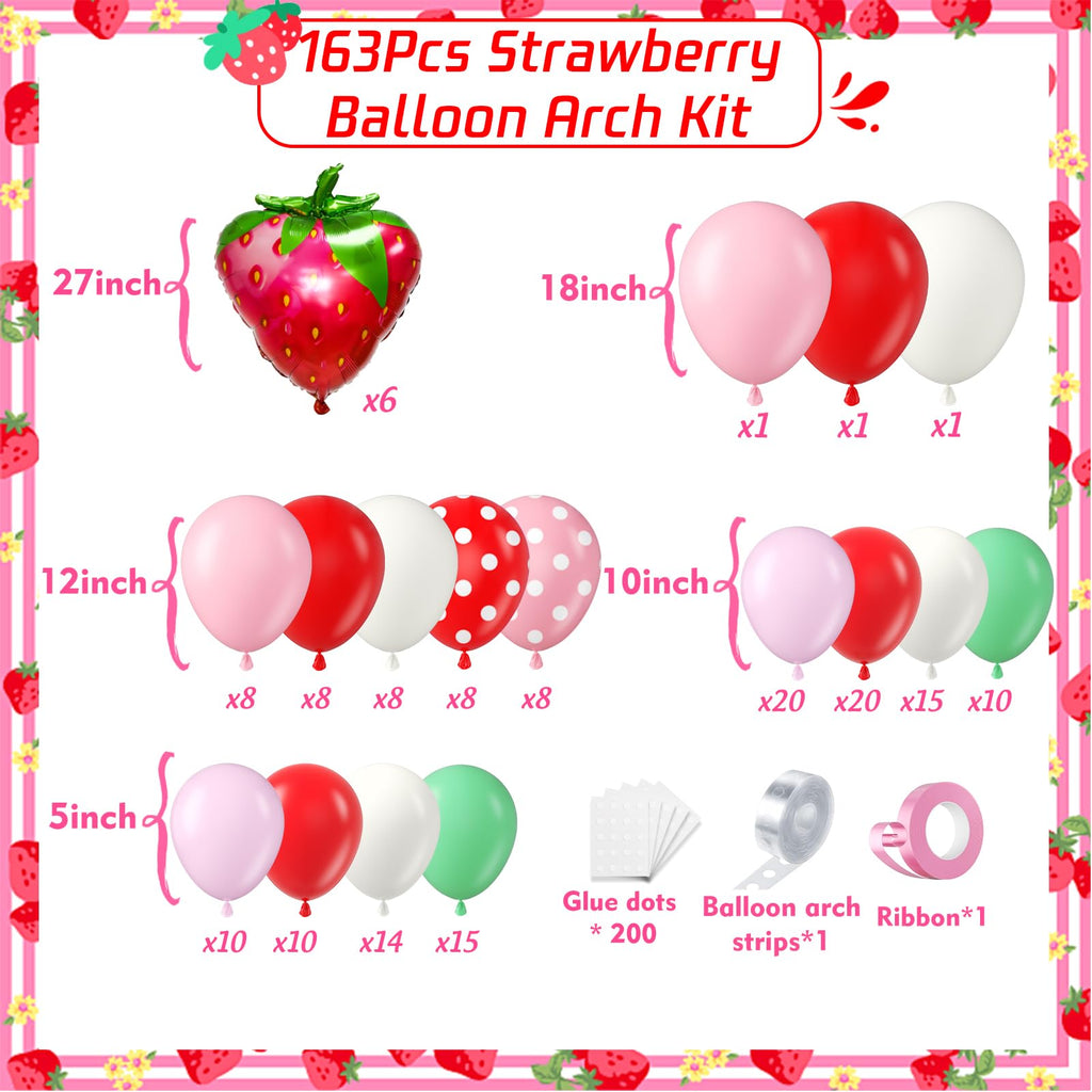 PTGOLUO Strawberry Balloons Garland Arch Kit 163pcs, Red and Pink Green Balloons for Sweet Girl Berry First Birthday Themed Baby Shower Valentine's Day Strawberry Party Decorations