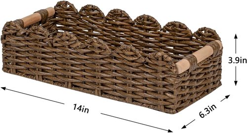 CubesLand Wicker Floating Shelves Baskets - Scalloped Edge Toilet Paper Storage | Brown Rattan with Wood Handle