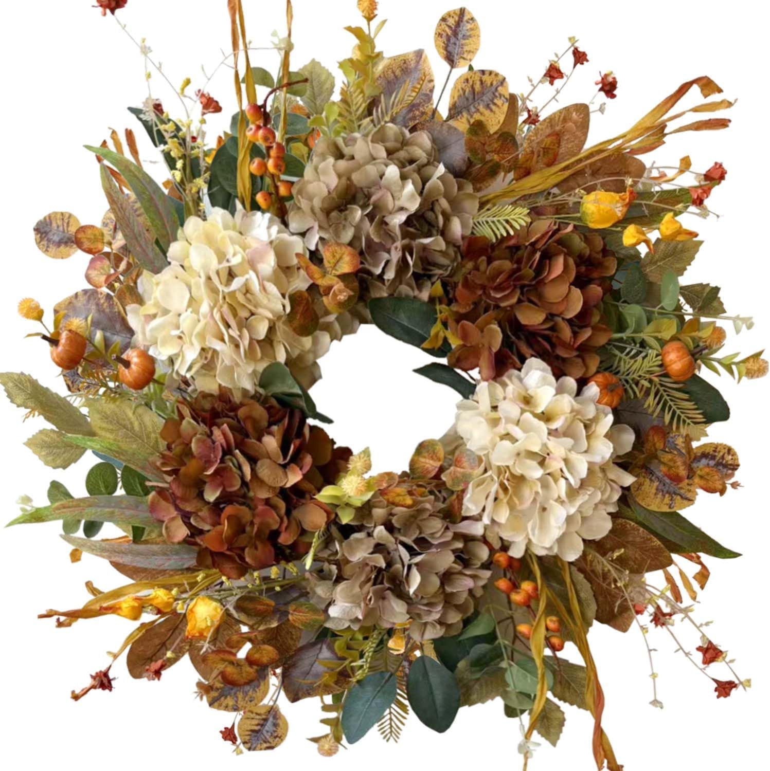WANNA-CUL 24 Inch Fall Wreath - Hydrangea & Pumpkins | Perfect Autumn Decor for Front Door