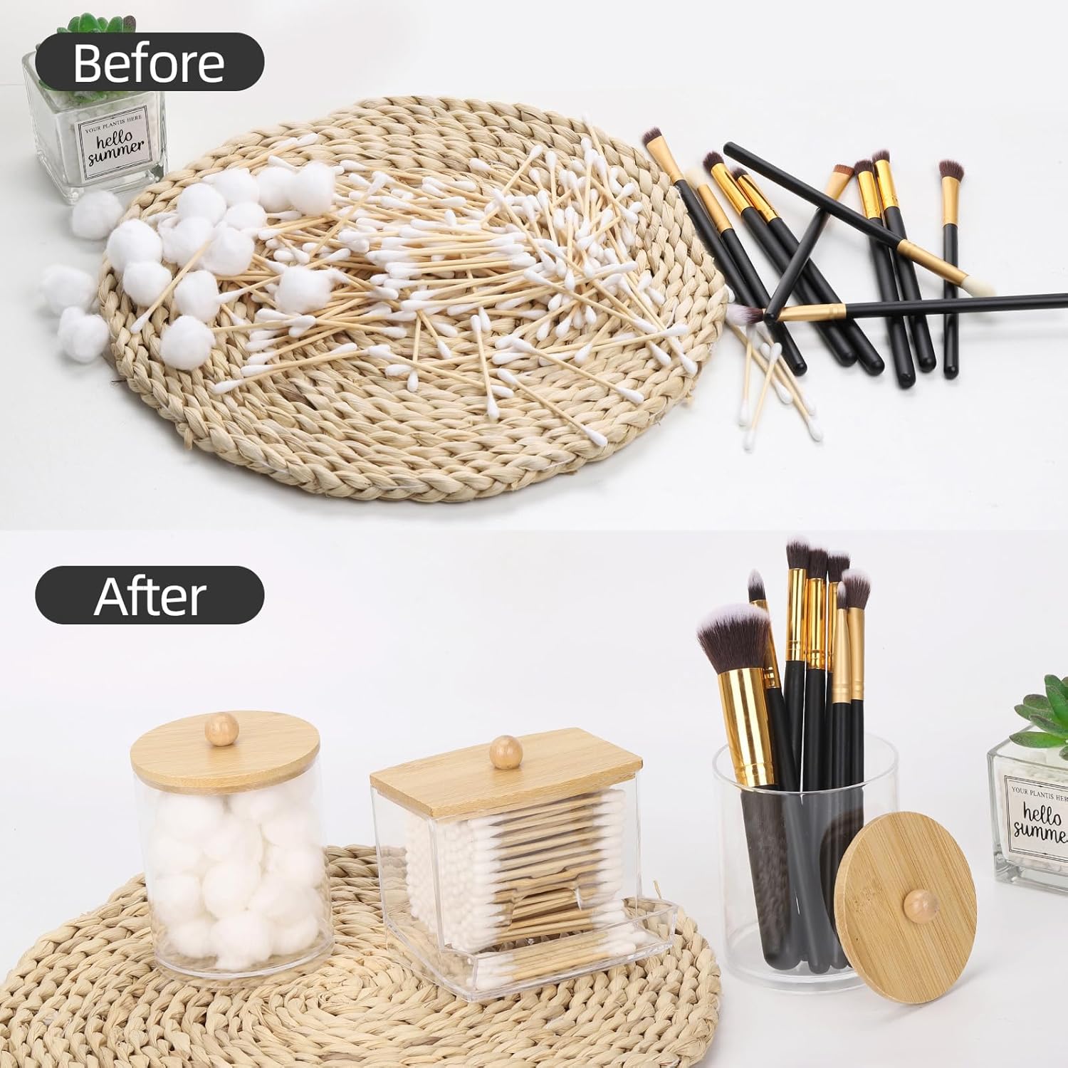 Tbestmax Q-Tips Dispenser - Stylish Bathroom Container with Bamboo Lid | 10/12 oz Cotton Ball Holder