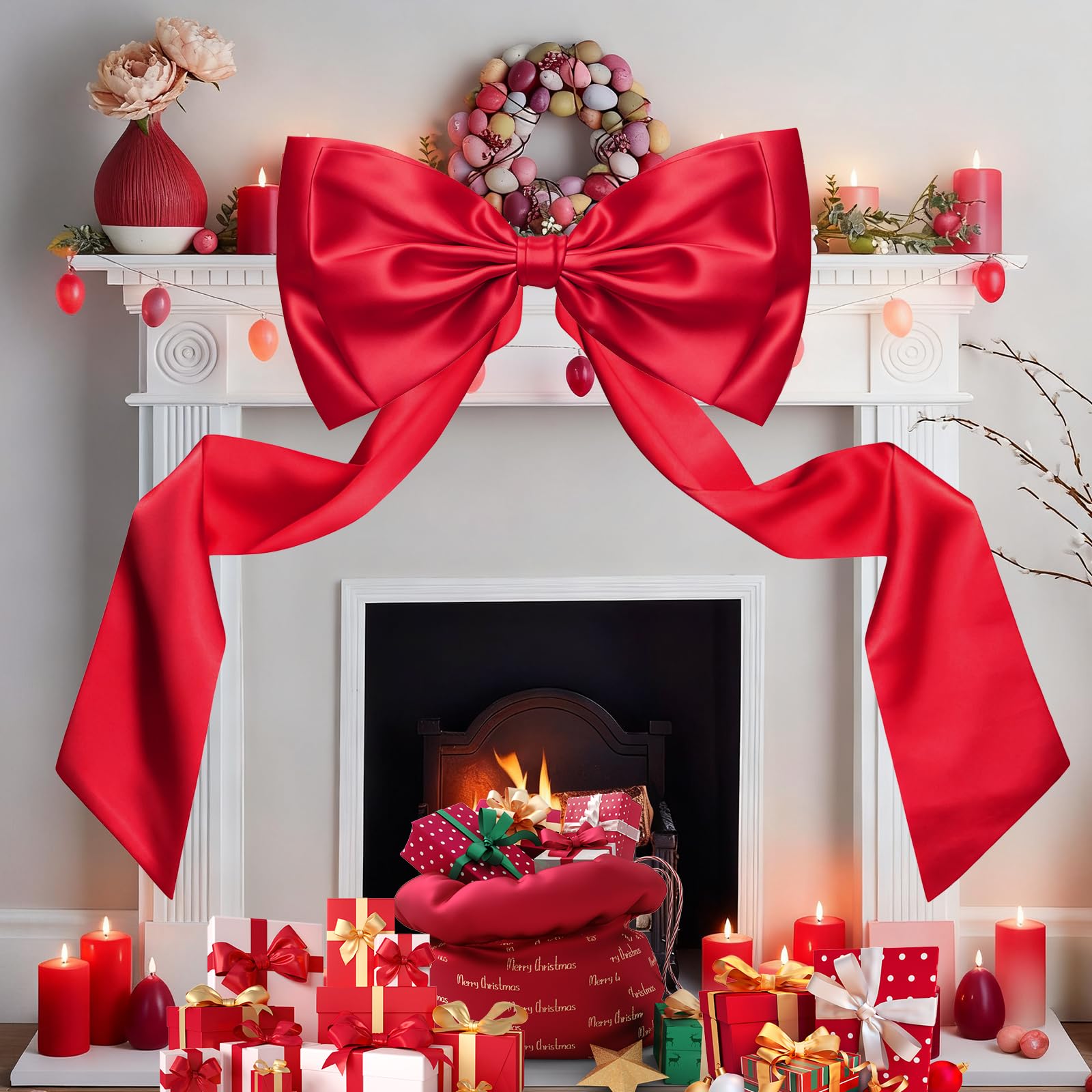 Christmas Decorations - 6.5 Ft Giant Christmas Bows for Tree Decor, Large Satin Coquette Decorative Bows for Tree Topper Wall Wedding Birthday Home Room Party Valentines (red)