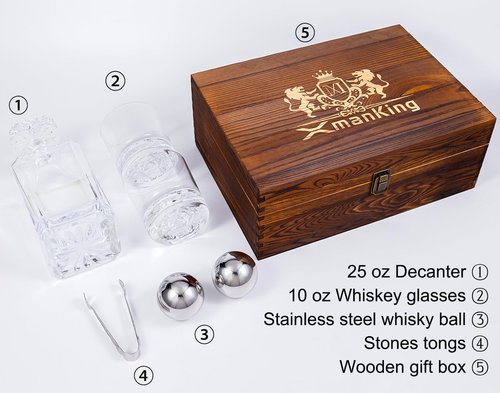 Whiskey Decanter Set with Wooden Box, Lion Whiskey Glasses 10 oz and 25 oz Bourbon Decanter Set with 18/10 Stainless Steel Whiskey Stones, Tongs, Whiskey Gifts for Men Husband Dad Wedding