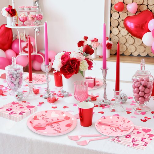 96 Pieces Valentine’s Day Tableware Set – Pink Heart Disposable Plates, Napkins, and Forks with “Love” and “Happy Valentine’s Day” Designs for Romantic Dinners, Weddings, and Parties – Serves 24