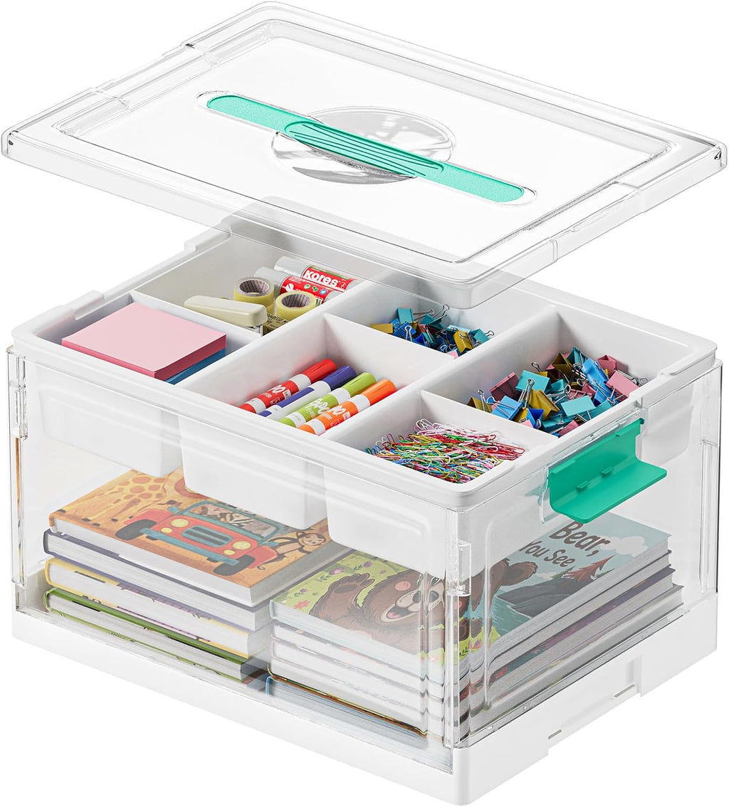 SpaceAid Craft Organizer - 24 QT Clear Plastic Storage Box with Lid, Removable Trays & Dividers