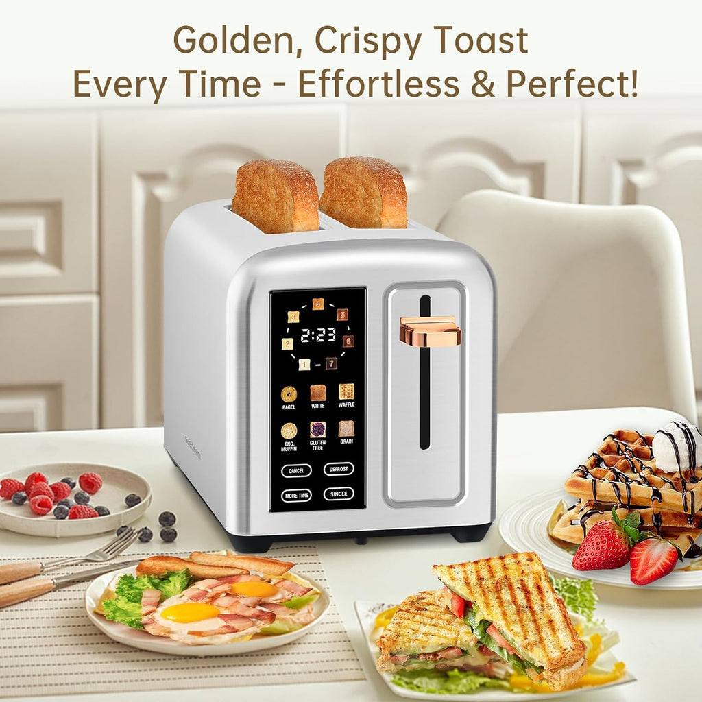 SEEDEEM 2-Slice Toaster - Touch Screen LCD Display, Fast Heating, Stainless Steel, 1.5" Wide Slots, Silver