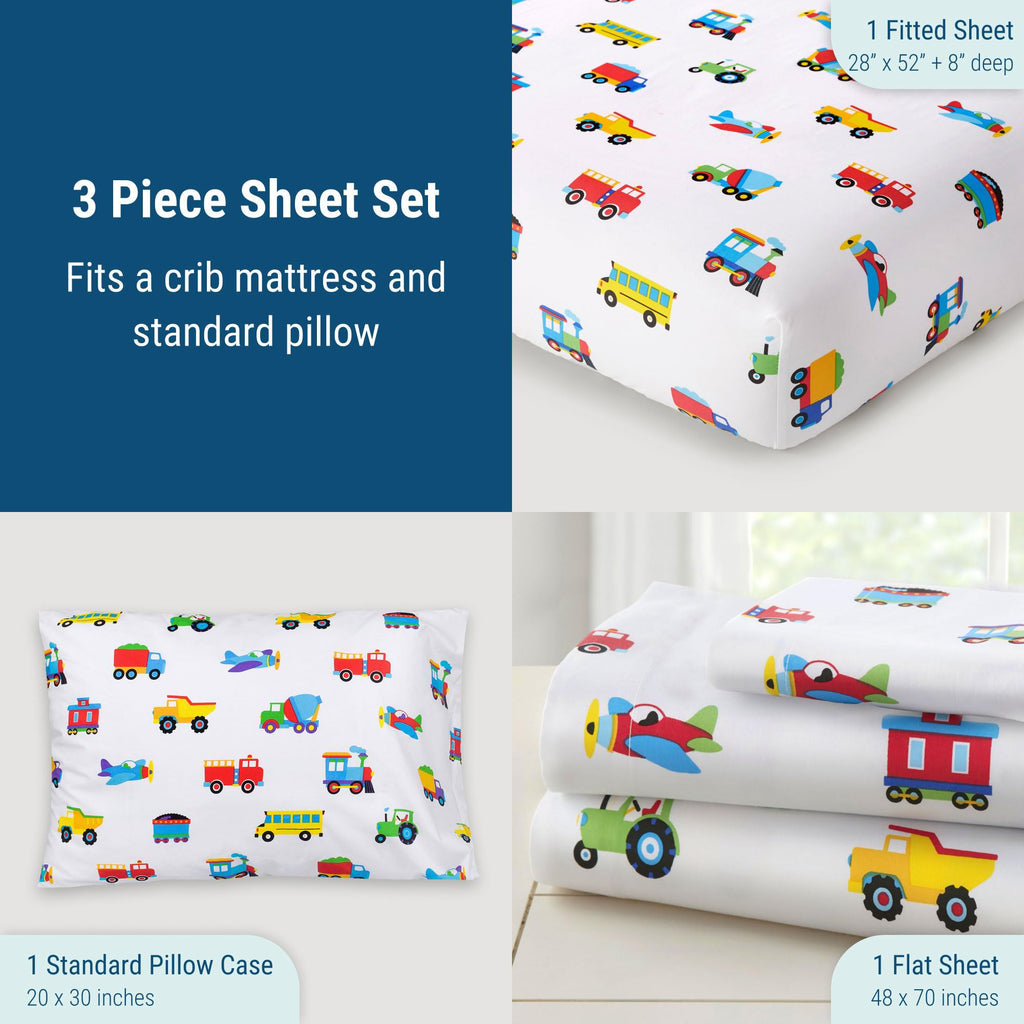 Wildkin 100% Cotton Toddler Sheet Set – Soft & Cozy Bed Sheets - Trains, Planes, and Trucks