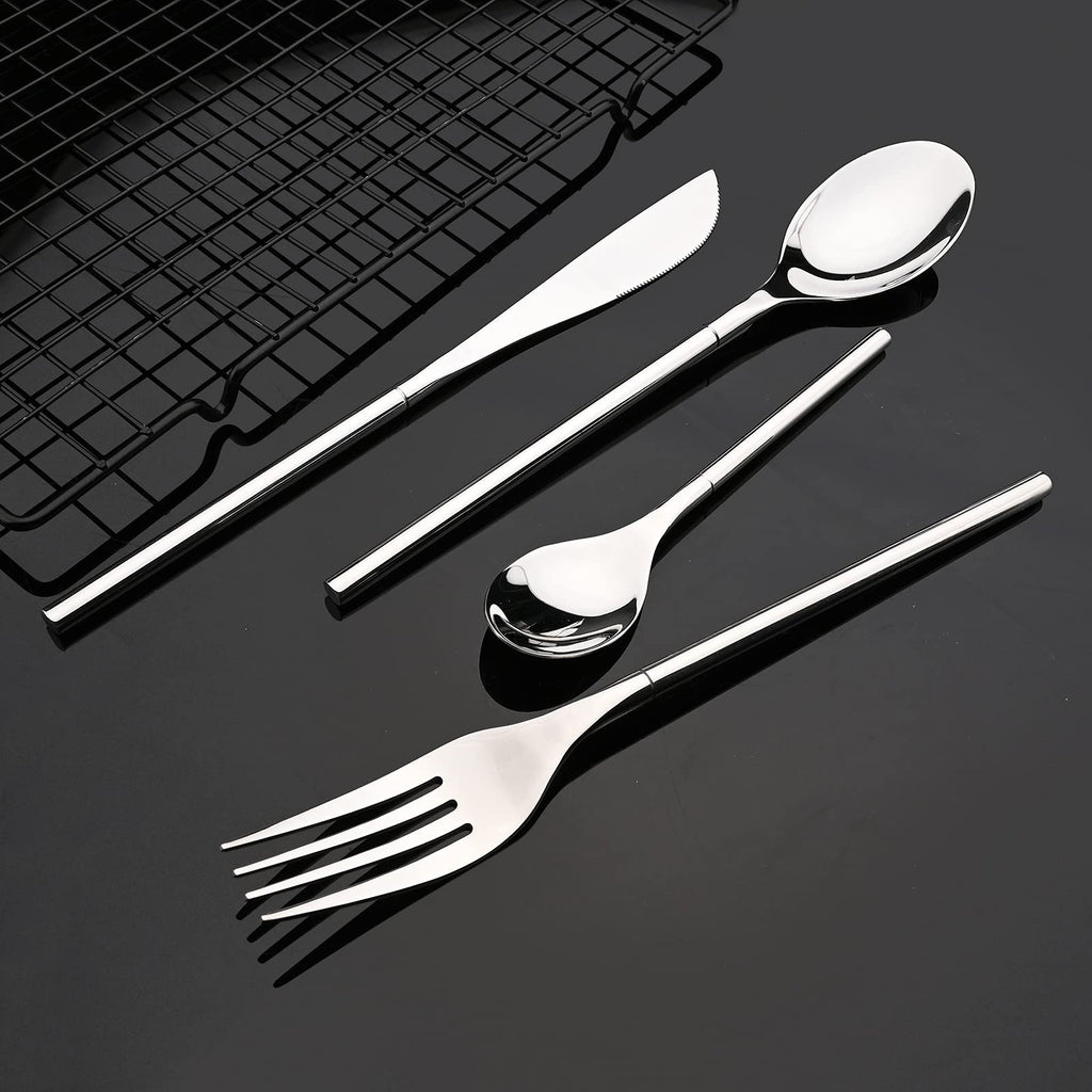 JASHII 304 Flatware Set Silver Silverware Set Mirror Polished 18/8 Stainless Steel Cutlery Set with Round Handle 24 Piece Wedding Housewarming Gift Service for 6