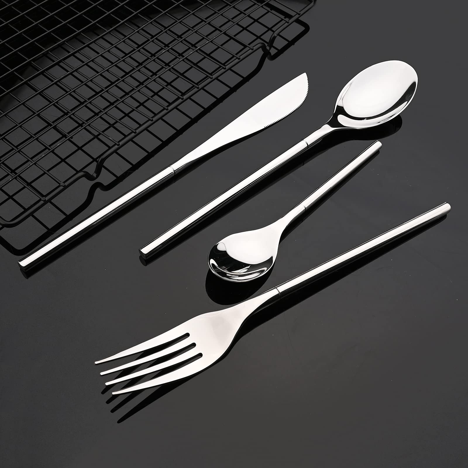 JASHII 304 Flatware Set Silver Silverware Set Mirror Polished 18/8 Stainless Steel Cutlery Set with Round Handle 24 Piece Wedding Housewarming Gift Service for 6