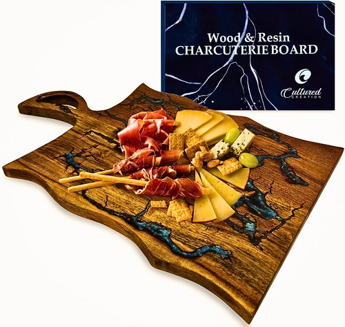 Cultured Creation - Charcuterie Board – Acacia Wood and Resin Cheese Board - Grazing Platter and Serving Tray for Entertaining - Wedding & Housewarming Gift