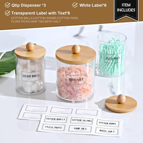 Apothecary Jar Qtip Holder Dispenser Set - 3 Pack Bamboo Lids for Stylish Vanity Storage