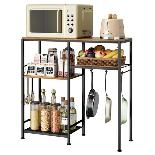 Consumest Microwave Stand, Adjustable Coffee Bar Cabinet, Multifunctional Pan Organizer with 6 Hooks and 3 Shelves, Bakers Rack for Shovel, Pots, Fruits, Vegetables, Brown&Black