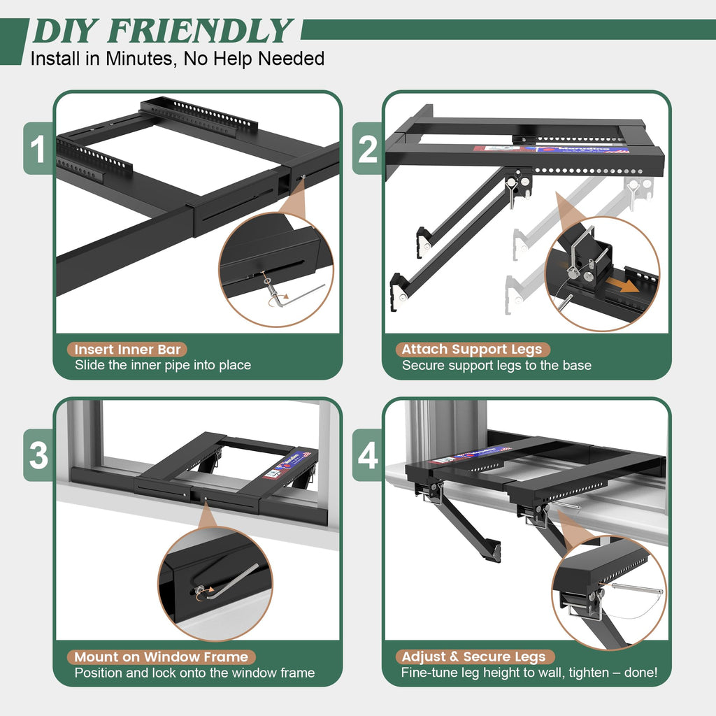 Marudina Upgraded No-Drill Window AC Bracket, Adjustable Window Air Conditioner Support Bracket for Single/Double Hung Windows, Heavy-Duty Holds 300lbs,Easy Installation, Rustproof Aluminum