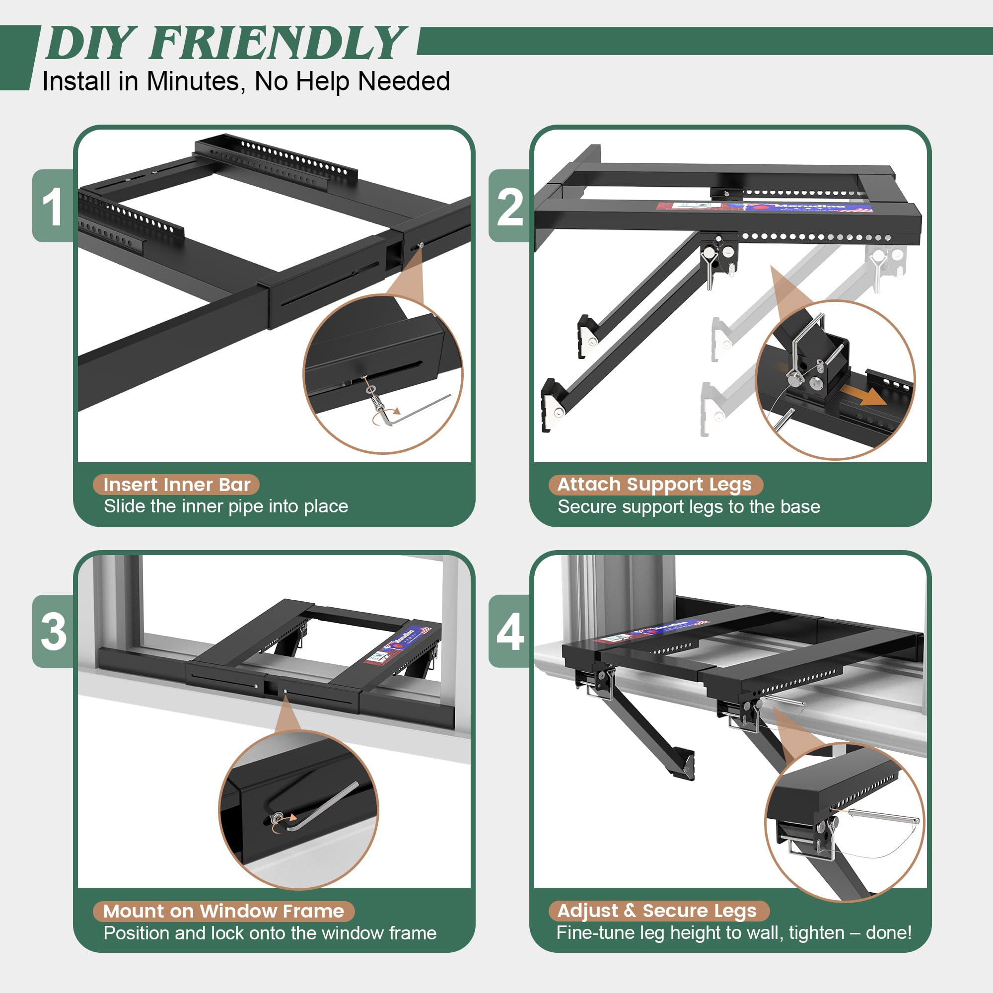 Marudina Upgraded No-Drill Window AC Bracket, Adjustable Window Air Conditioner Support Bracket for Single/Double Hung Windows, Heavy-Duty Holds 300lbs,Easy Installation, Rustproof Aluminum
