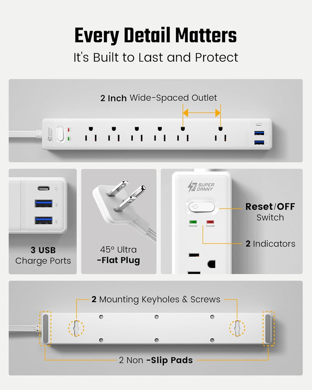 SUPERDANNY 10Ft Extension Cord - Flat Plug Surge Protector with 6 Outlets & 3 USB Ports for Home Office & Dorm Room Essentials