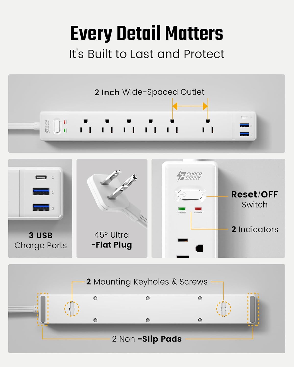 SUPERDANNY 10Ft Extension Cord - Flat Plug Surge Protector with 6 Outlets & 3 USB Ports for Home Office & Dorm Room Essentials