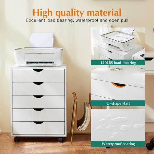 5 Drawer Chest, Storage Cabinet Dressers with Wheels, Dressers Storage Cabinets, Dresser Mobile Cabinet with Wheels, Room Organizer, Drawers Wood Organization Furniture for Office, Home, White