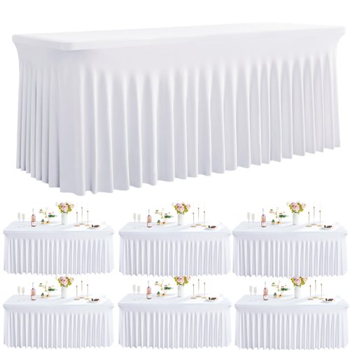 Outpain 6Pack White Spandex Table Clothes for 6 Foot Rectangle Tables-6FT Wrinkle Free Fitted Tablecloths with Skirt for Parties, Wedding, Birthday, Banquet, Festival