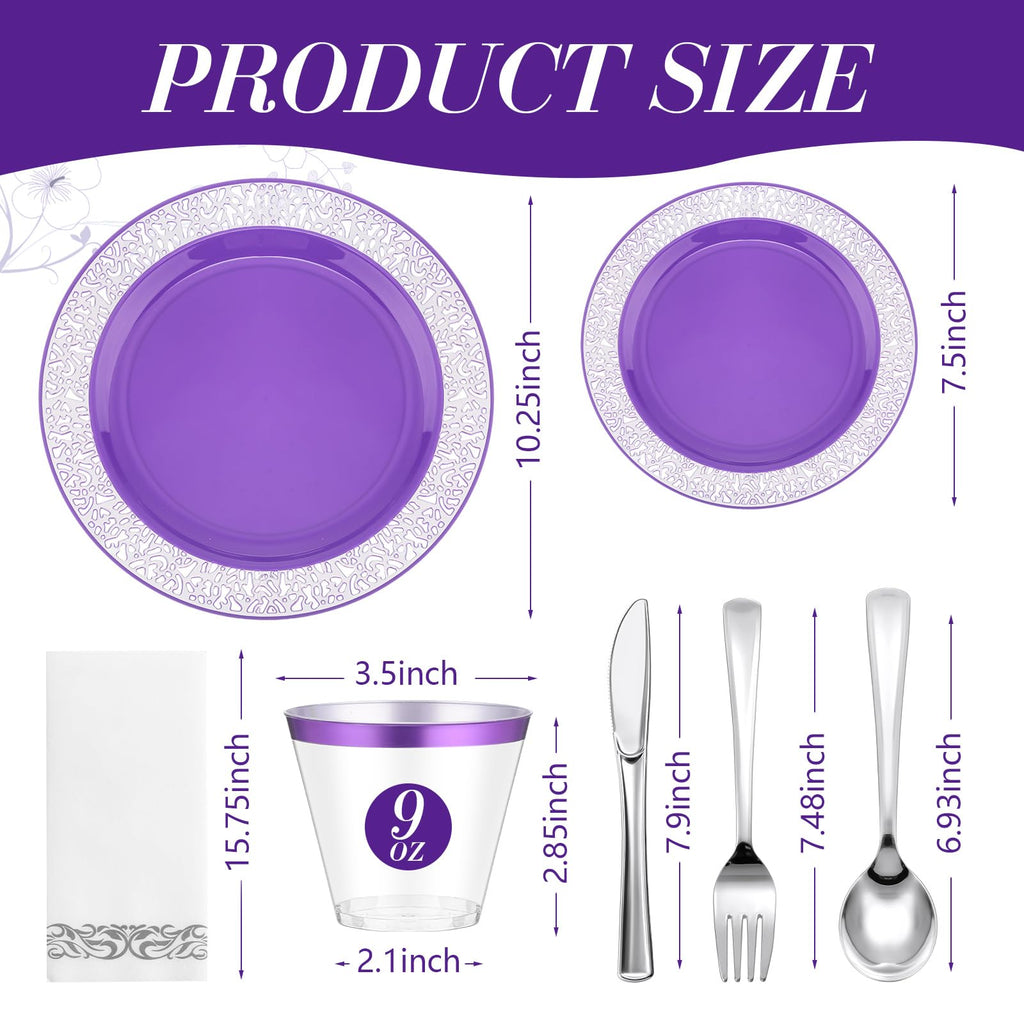 Norme 350 Pcs Purple Silver Plastic Dinnerware Set for 50 Guests Includes 50 Dinner Plates 10.2", 50 Plates 7.5", 150 Silverware Set, 50 Plastic Cups and 50 Napkin Disposable Plate for Wedding