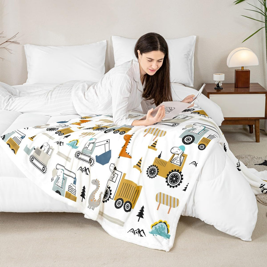 Construction Sherpa Blanket 40"x50" Equipment Trucks Fleece Throw for Kids Boys Girls Decor Dinosaur Plush 3D Digital Print Yellow Fuzzy Bedroom