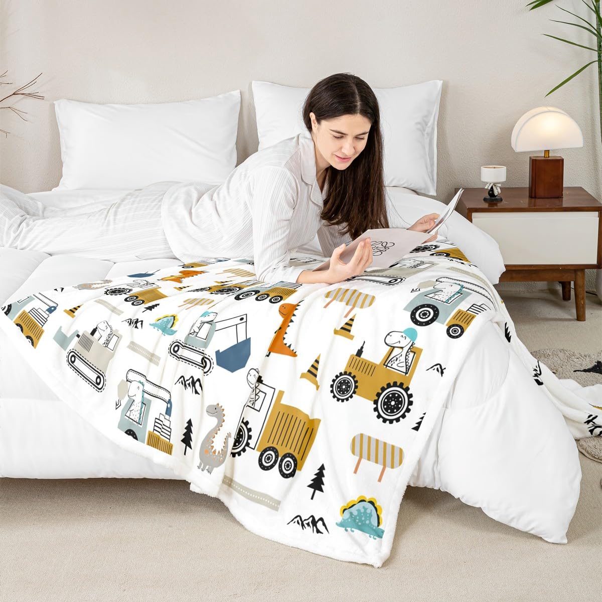 Construction Sherpa Blanket 40"x50" Equipment Trucks Fleece Throw for Kids Boys Girls Decor Dinosaur Plush 3D Digital Print Yellow Fuzzy Bedroom