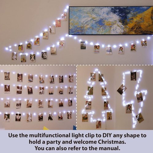 HXWEIYE 120LED White Photo Clip String Lights - 40Ft Fairy Lights with 52 Clear Clips & 12 Hooks | USB Powered, Timer & 8 Modes for Bedroom & Wedding Decor