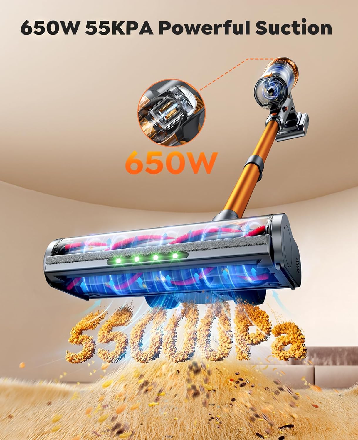 Skiennix Cordless Vacuum Cleaner - 55KPa Powerful Suction, 70-Minute Runtime, LED Touch Screen | Ideal for Pet Hair & Home Use