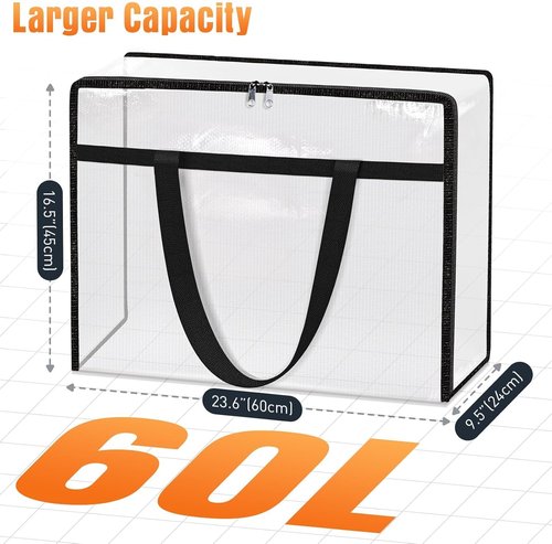 Clear Under Bed Storage Containers - 4 Pack Large Capacity Clothing Organizers with Lids & Handles | Foldable Totes for Bedding (60L)