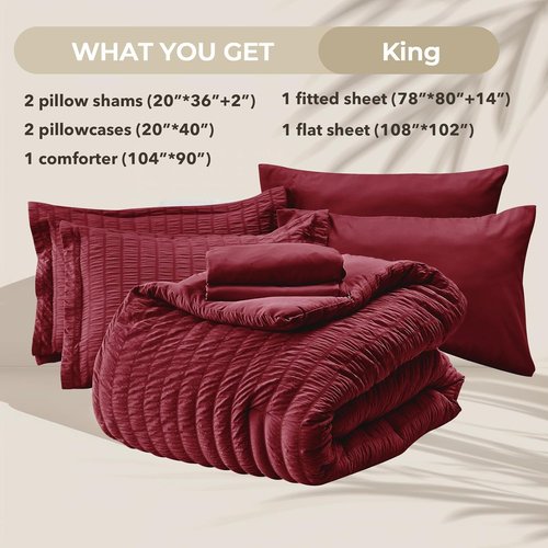 HYMOKEGE King Size Comforter Set - Burgundy Seersucker 7-Piece Luxury Bedding Set for All Seasons