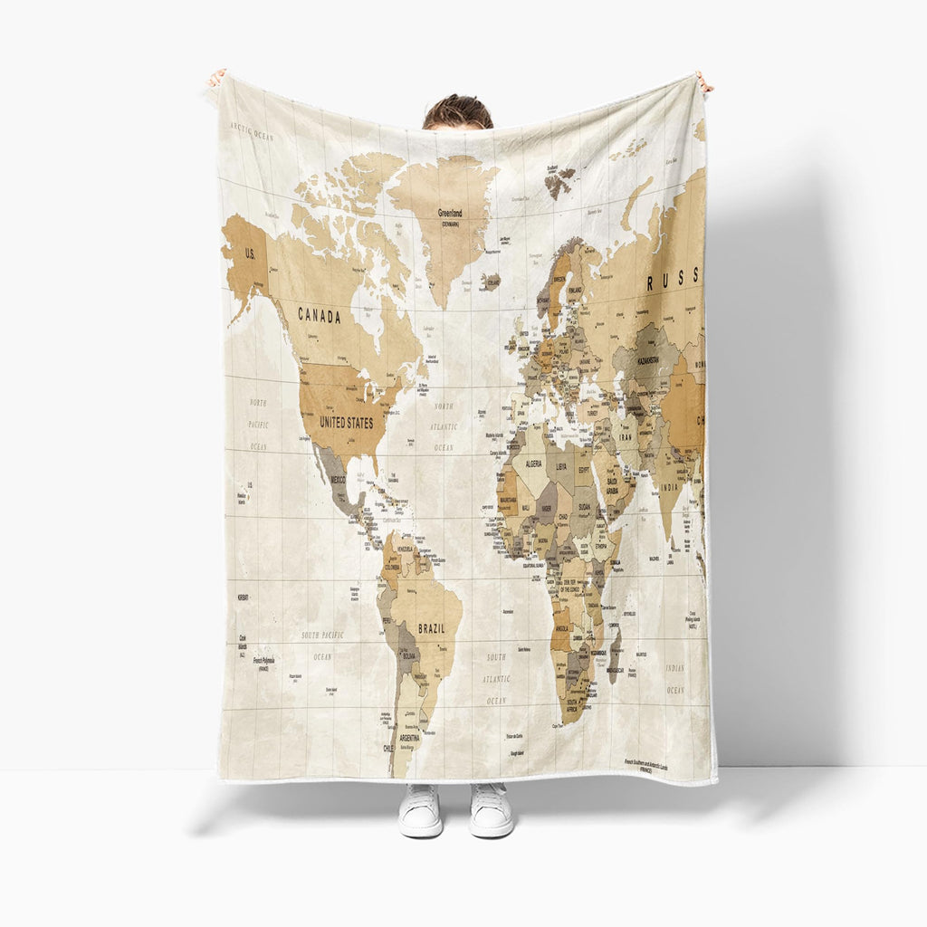 VeiVian World Map Fleece Throw Blanket For Couch, Sofa, Vintage Topography Educational College Kids Children Bed Travel Camping Blanket, Geographical Map Throw, 50X60in