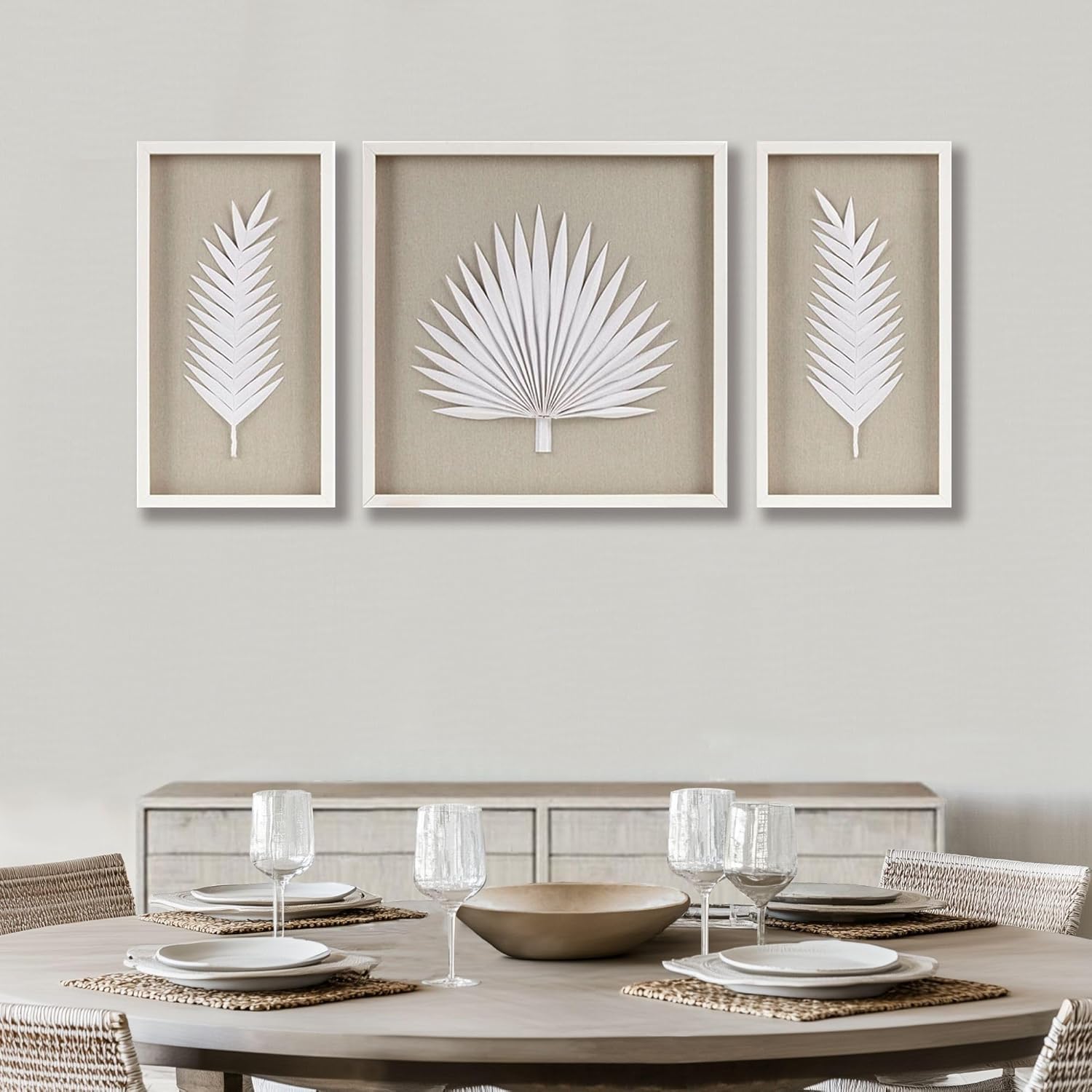 Madison Park Sabal Floral Wall Art - Handmade Canvas Palm Natural Rice Paper Shadow -Box Set, Glass, Wood Frame, Linen Base, Botanical Modern Room Decor for Hallway, Bedroom Accent, Off White 3 Piece