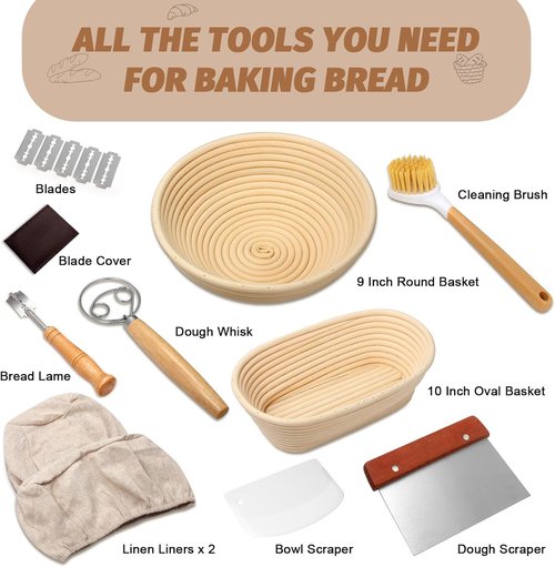 **Sourdough Proofing Basket Gift Set - 9" Round & 10" Oval Banneton with Bread Lame & Accessories**