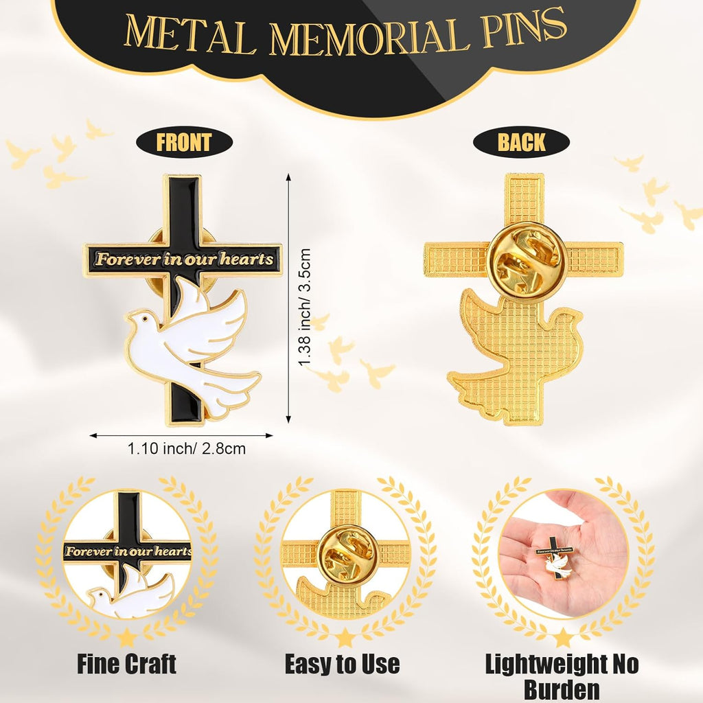 Misdary Memorial Dove Cross Lapel Pins - Bulk Funeral Favors for Guests | Forever in Our Hearts