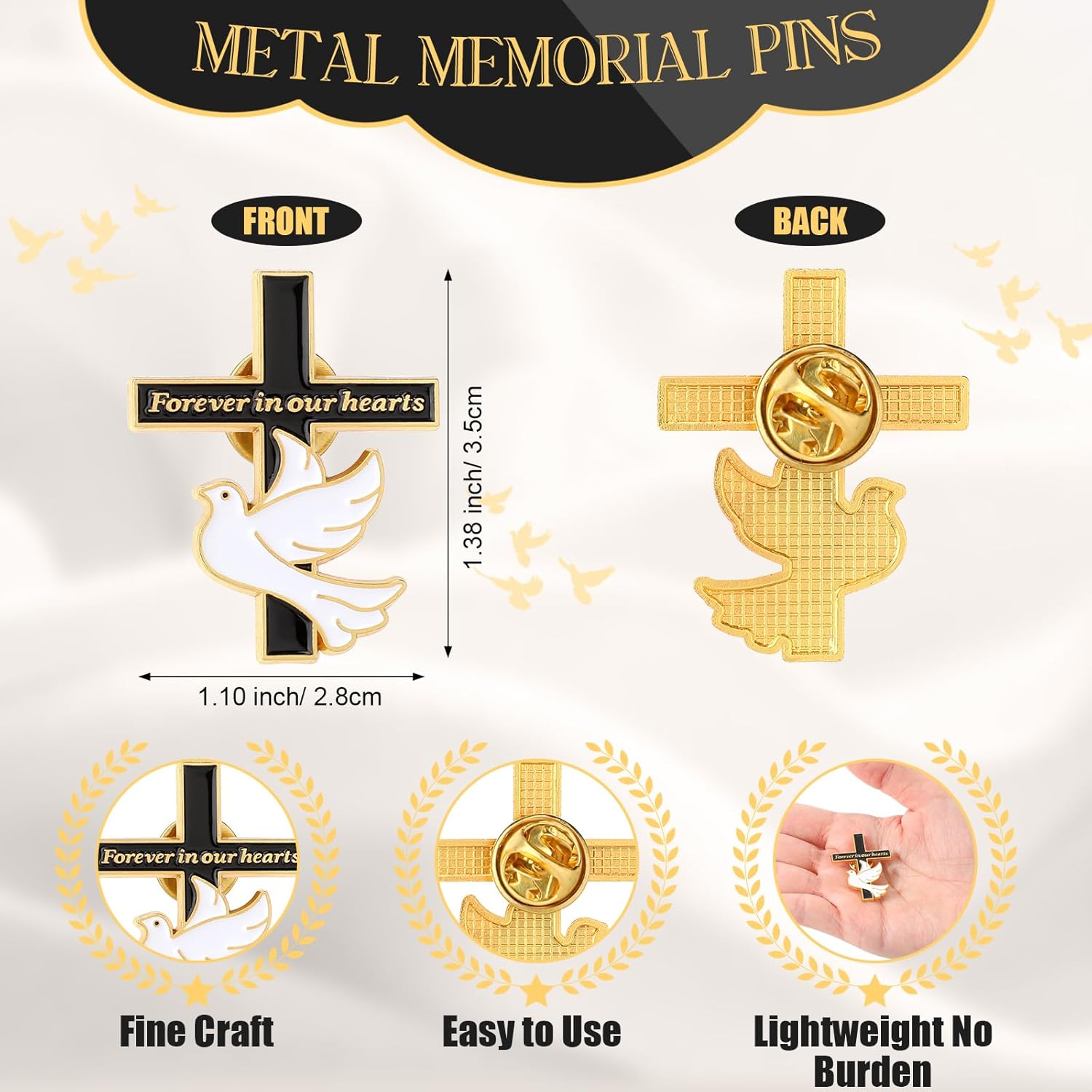Misdary Memorial Dove Cross Lapel Pins - Bulk Funeral Favors for Guests | Forever in Our Hearts