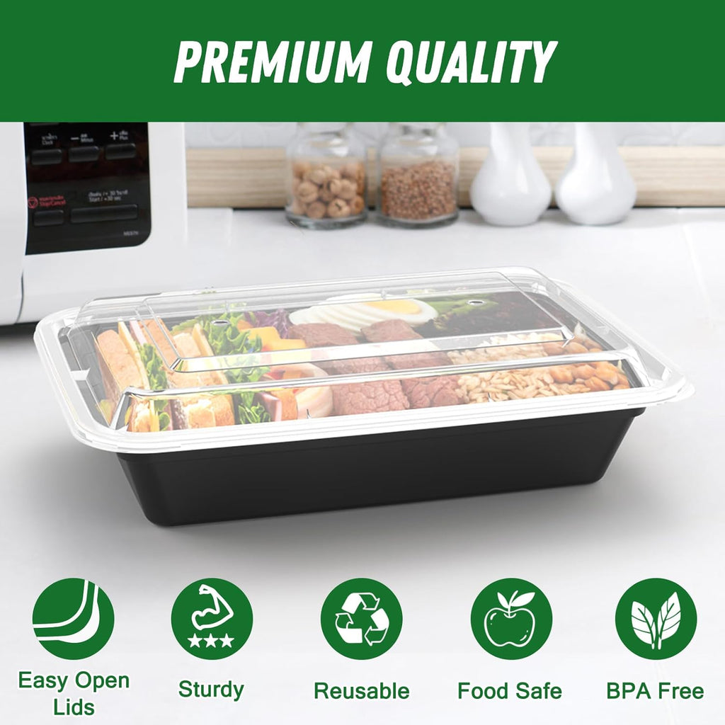 Regine Switzerland 32 oz Meal Prep Containers - 50 Pack Reusable, Leakproof, Microwave & Dishwasher Safe | Black
