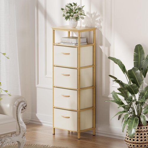 EZ2LIVE Bamboo Tall Skinny Dresser, Small Space Storage Narrow Dresser, 4 Large Water-Resistant Fabric Drawers, Small Dressers, for Bedrooms, Living Rooms, Hallways