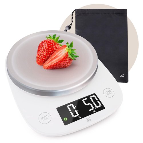 Greater Goods Digital Kitchen Scale - LCD Display, Weighs Grams & Ounces, Up to 11 Pounds, White