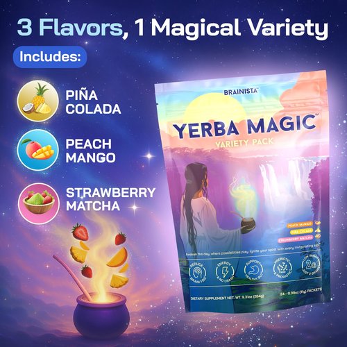 Yerba Magic Instant Yerba Mate Powder Packets – Clean Energy & Focus Drink Mix for Gut Health – Nootropic Blend with Lion’s Mane, L-Theanine, Prebiotics & Probiotics – Low Sugar Natural Caffeine – Variety Pack, 24 Sticks