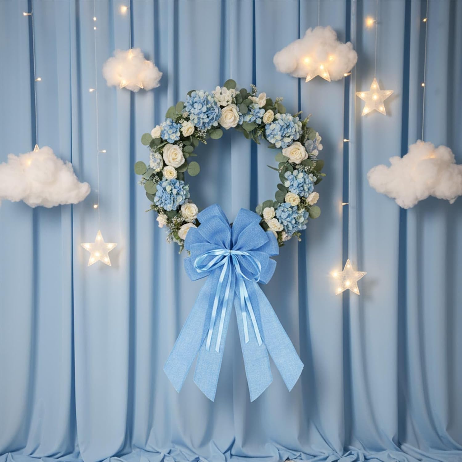 YKW Large Baby Blue Burlap Bow - 20x11 Inch Farmhouse Wreath Decor | Winter Holiday & Baby Shower Ornaments
