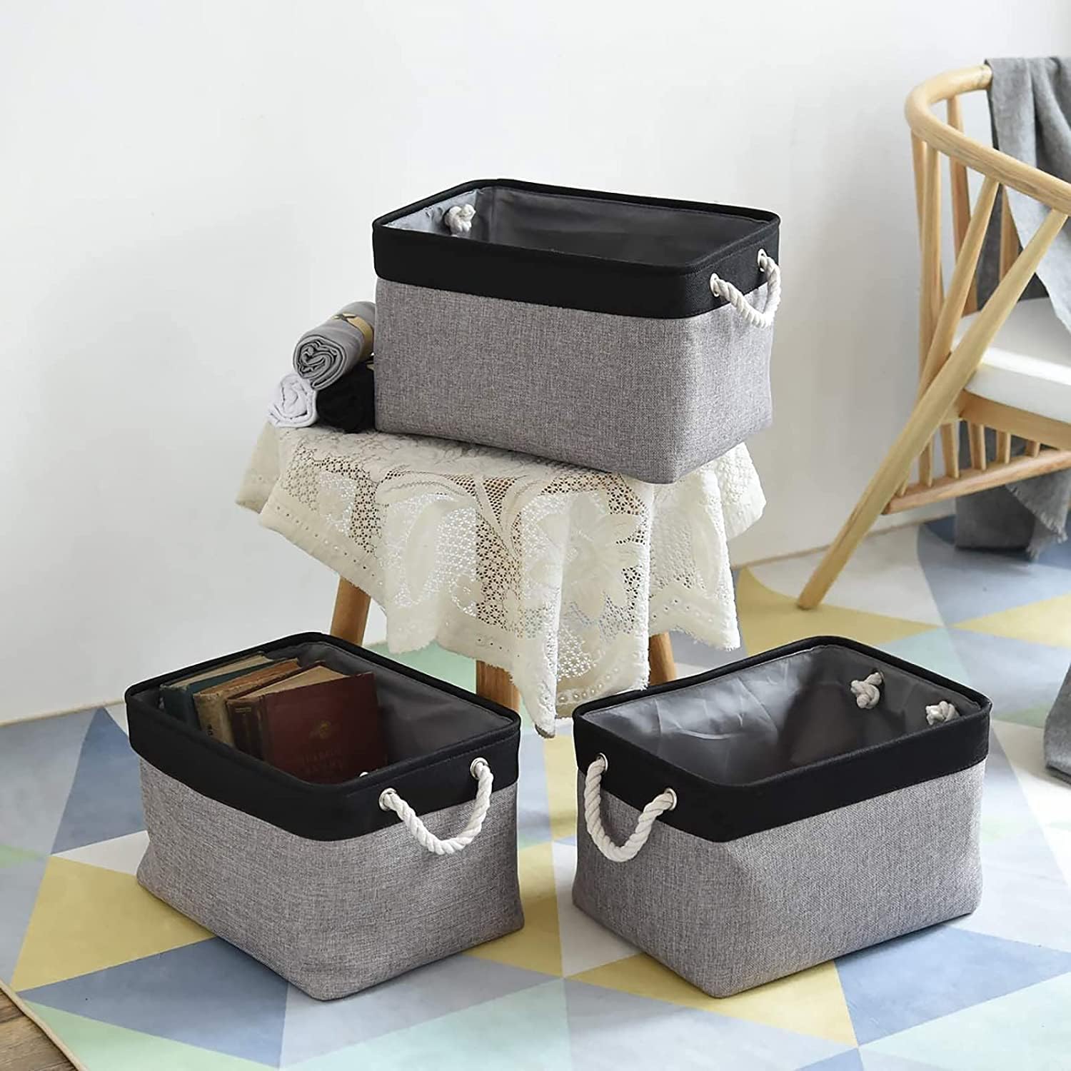 TheWarmHome Storage Basket - 16x12x8 Inch Fabric Organizer Bins for Laundry, Toys & More | Grey & Black