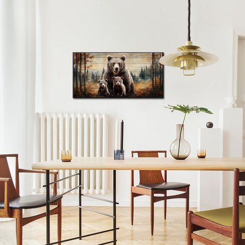 iKNOW FOTO Bear Family Canvas Print - Rustic Forest Wall Art with Black Floater Frame | 20x40'' Ready to Hang