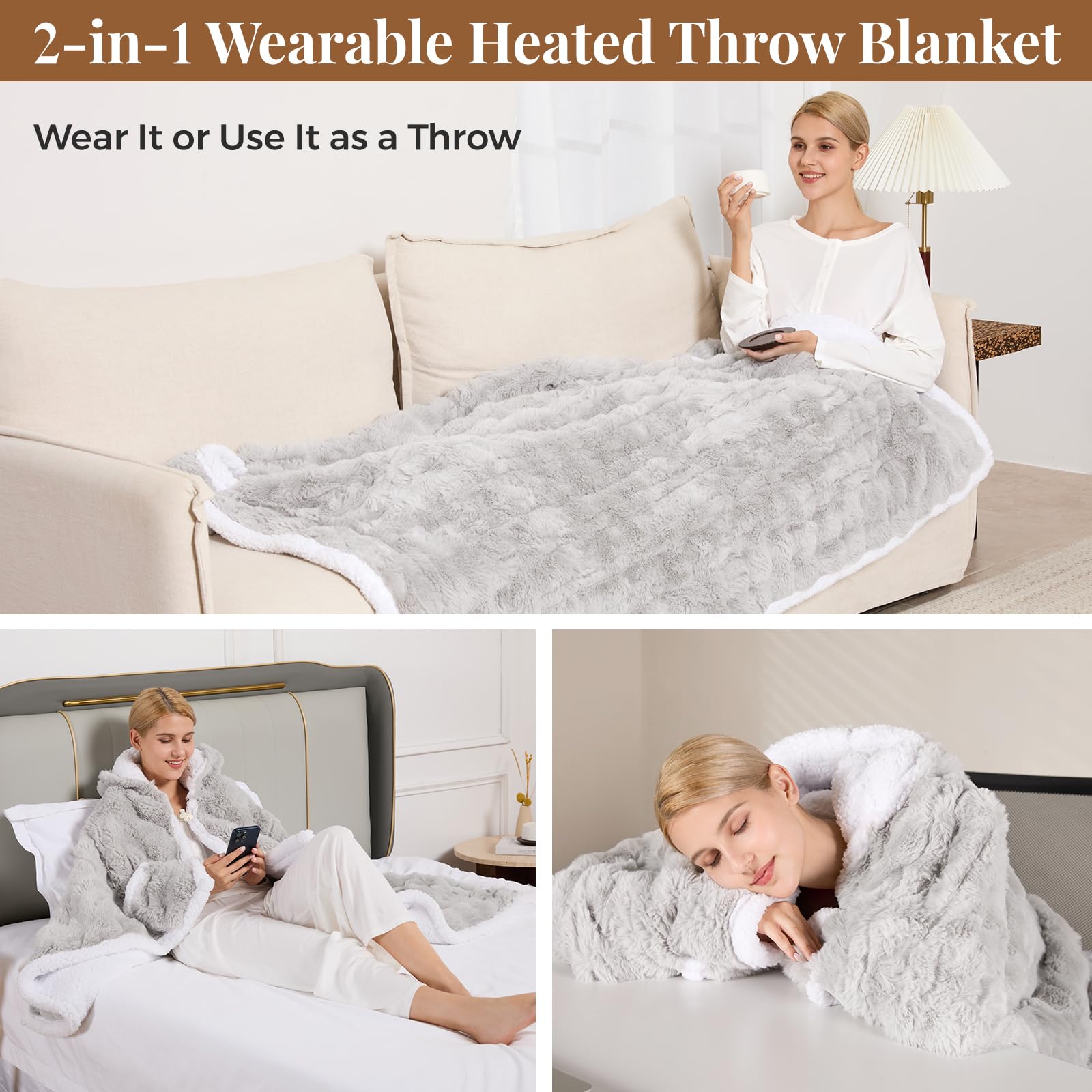 Wearable Heated Blanket Hoodie, Luxury Faux Fur & Sherpa Electric Throw Blanket, Heated Shawl Wraps Poncho with Pockets for Women Men, 3 Heat Levels & 12H Timer, ETL & FCC Certified 40"x70" Light Grey