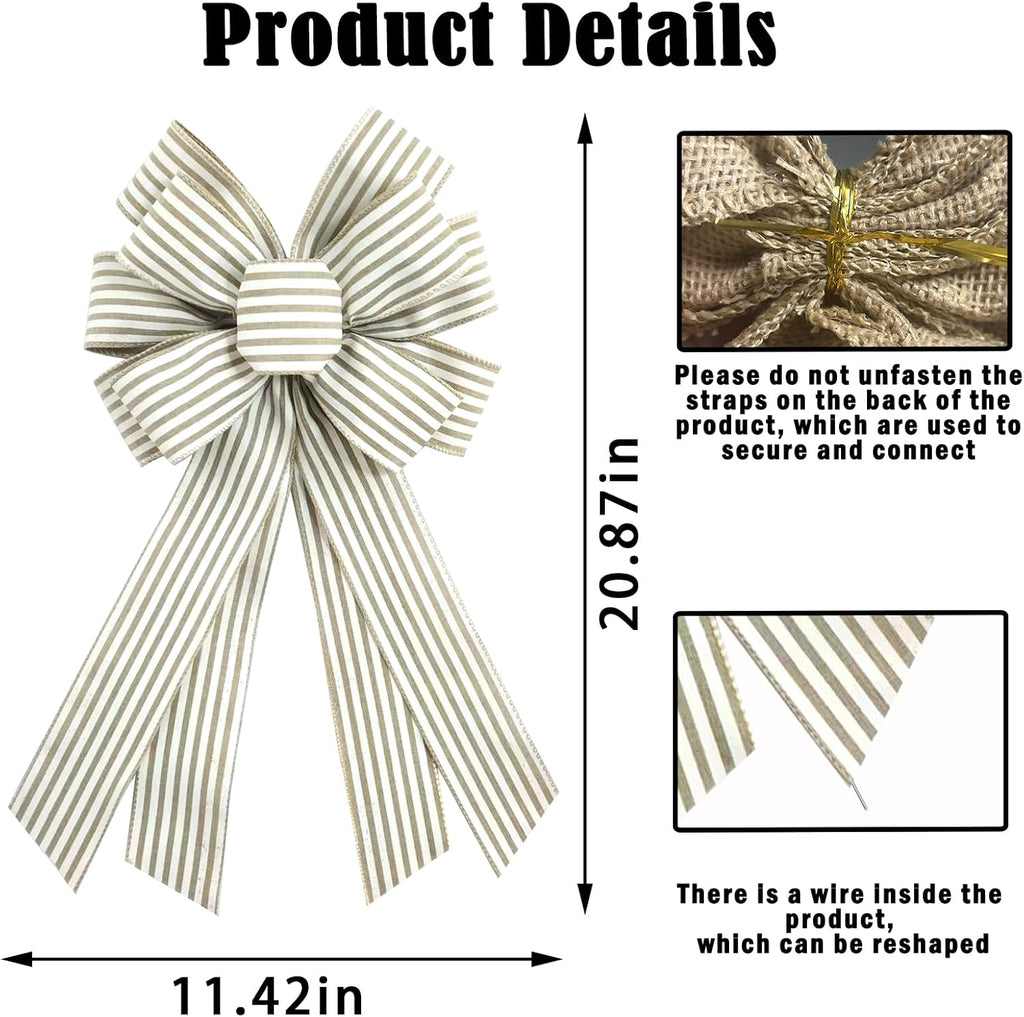 Skiennix Natural Burlap Wreath Bow - 20 x 11 Inches Light Khaki Stripes for Easter & Home Decor