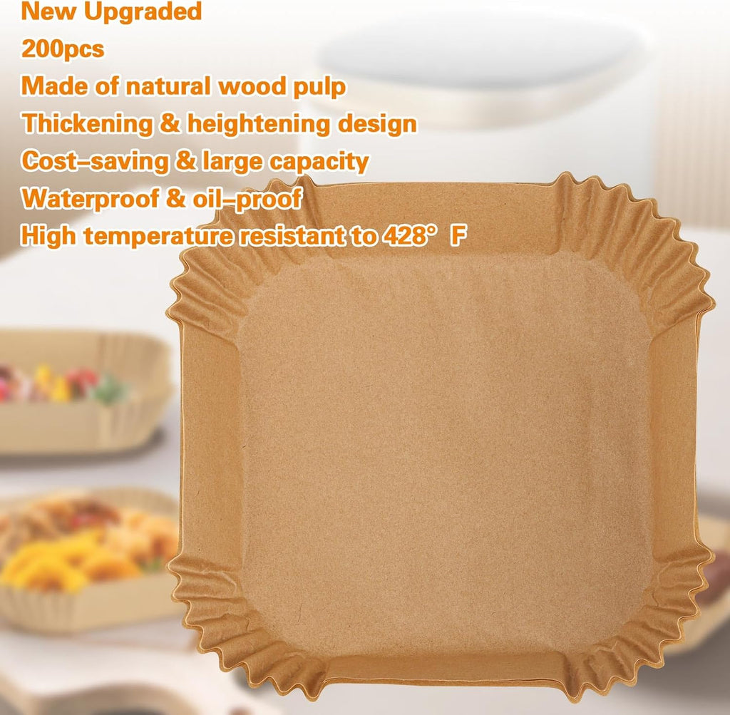 Skiennix 200Pcs Air Fryer Paper Liners - 8 Inch Square Non-Stick Parchment for Frying & Baking