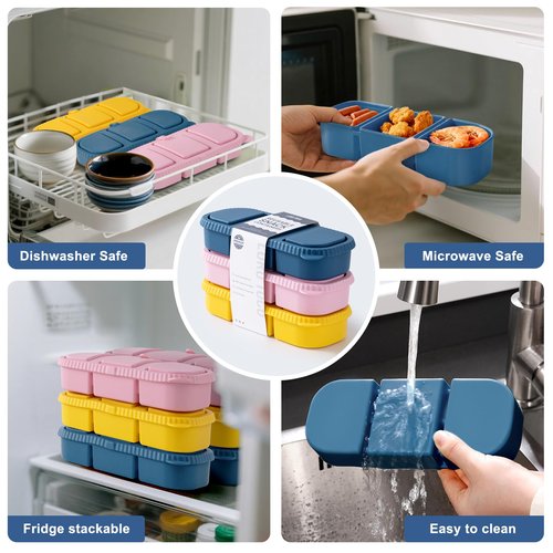 3 Pack Silicone Reusable Snack Containers with Lids - 3 Compartment Snackle Box for Kids & Adults, BPA-Free & Leakproof, Small for Dressing, Sauces, School, Office, Picnic（Blue, yellow, pink）