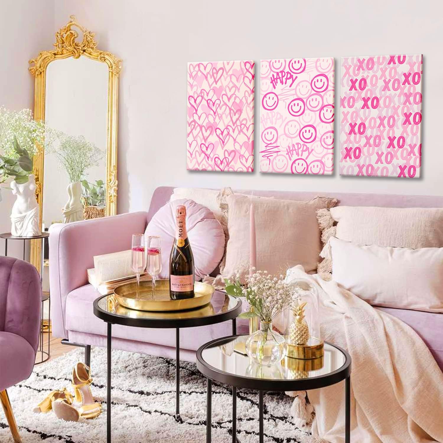 Simplicity Pink Wall Art Set of 3 - Heart Shaped Doodle Smiley XO | Modern Canvas Prints for Girls' Bedroom - Framed 12x16 Inch